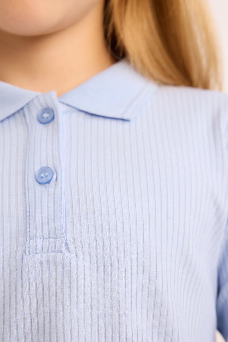 DeFacto Blue Girl Girl Slim Fit Ribbed Long Sleeve Polo T-Shirt Casual - Image 5